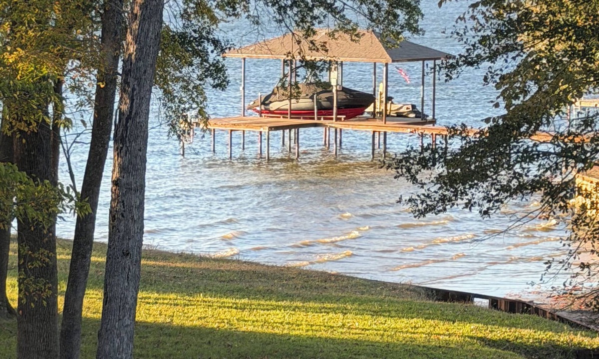 Log Cabin House | Cedar Creek Lake: lake view, dock access and big bass just off shore.