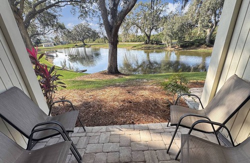 Wesley Chapel Condo | Ground Floor Waterfront Studio | 2 Queen Beds | Private Patio | Optional Saddlebrook Amenities