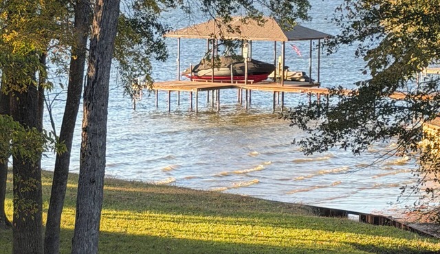 Cedar Creek Lake: lake view, dock access and big bass just off shore.