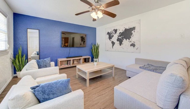 king bed with Pool table, decked patio and gym