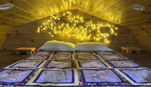 Secluded cabin in the woods with a loft on 25 acres with private walking trails.
