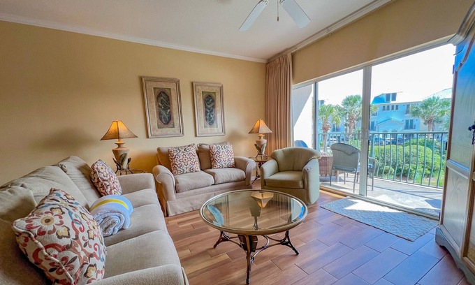 Frangista Beach Condo | Dog-friendly condo with pool, hot tub, private balcony, AC, & washer/dryer