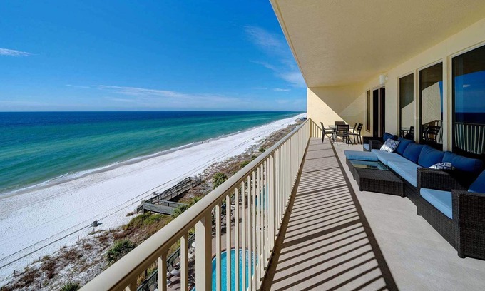 Thomas Drive Condo | Gulf Crest 702, Spacious Gulf Front GRAND balcony, 2 beach chairs included